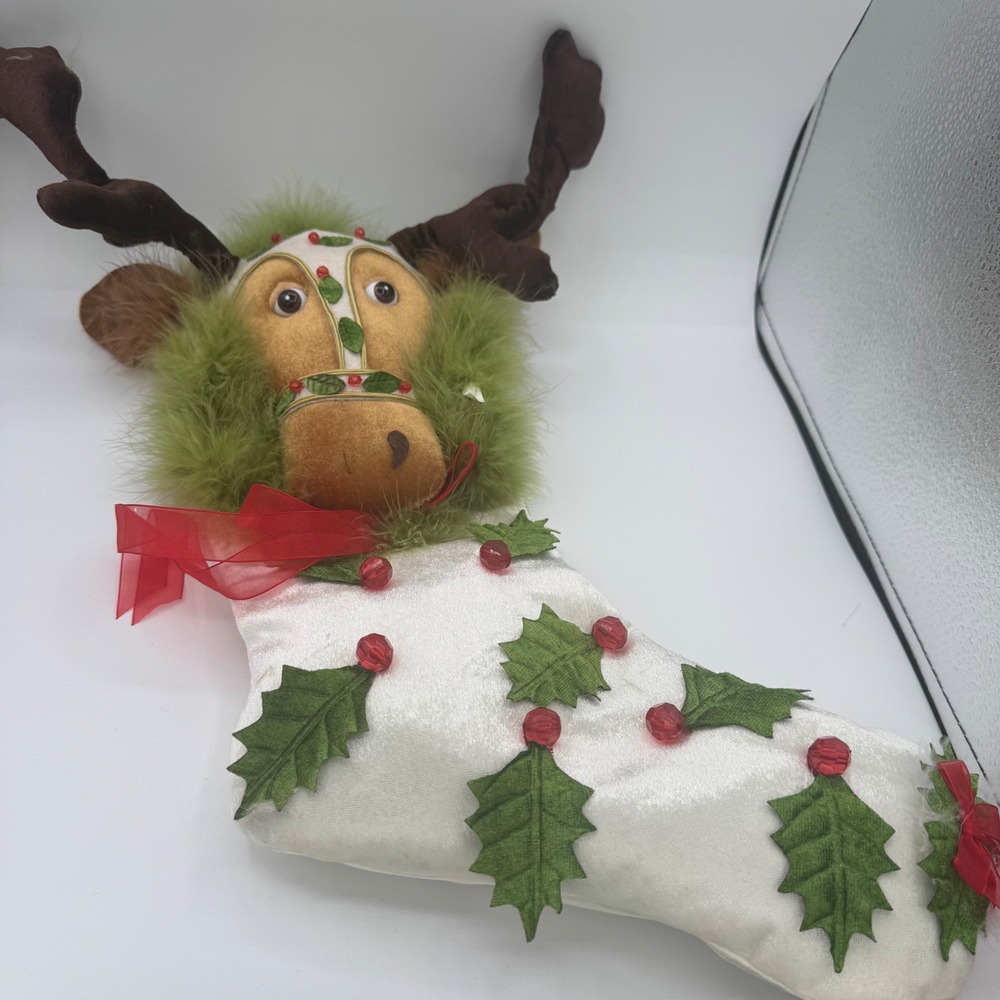Krinkles Patience Brewster Dept 56 Reindeer Christmas Stocking White Green READ!